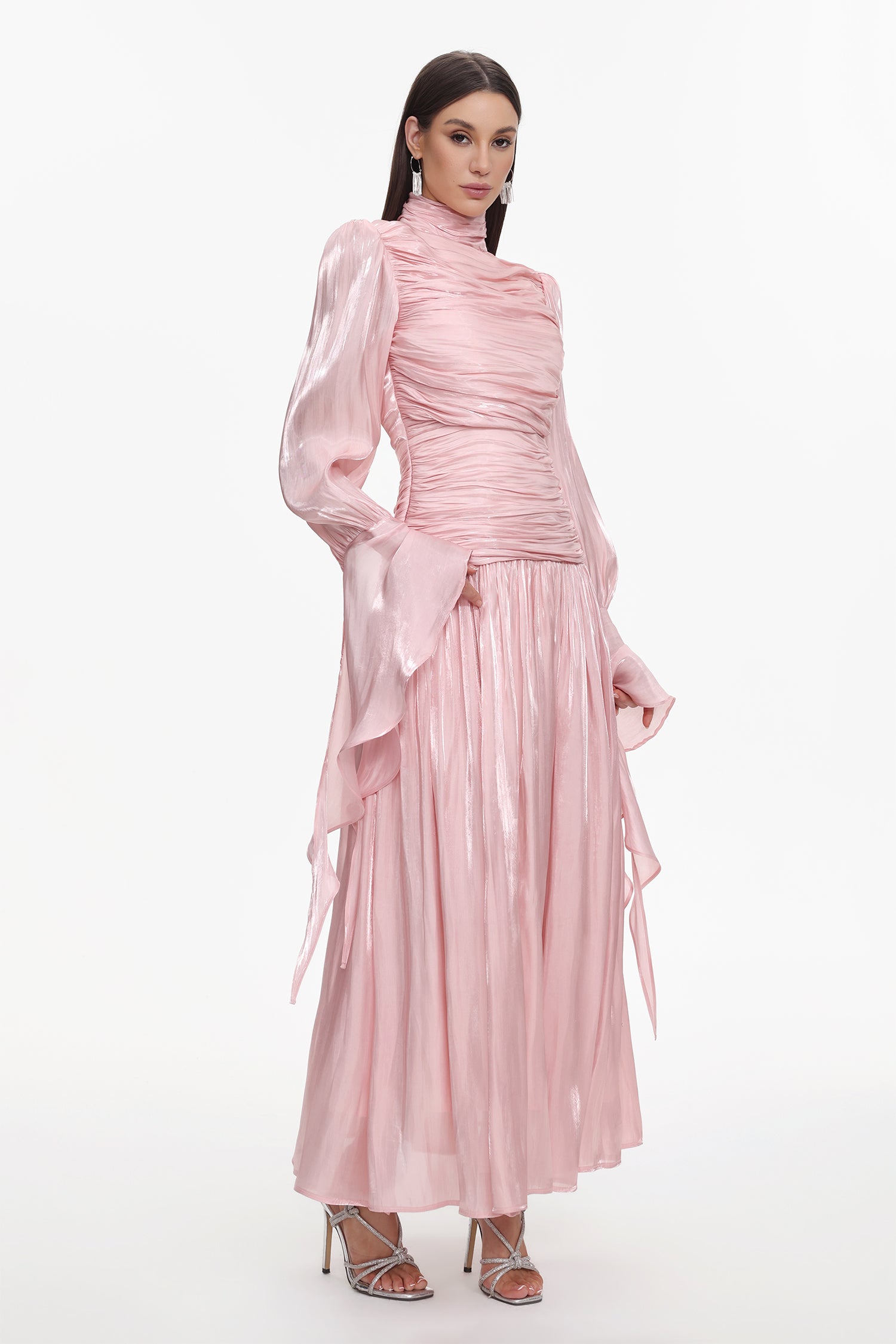 Viky Resort Waist-Defining Long Sleeve Ruched Woven Maxi Dress	