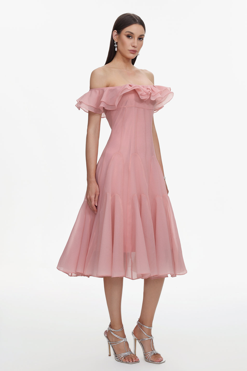 Wika Romantic Flowy Off Shoulder Ruffle Midi Dress	