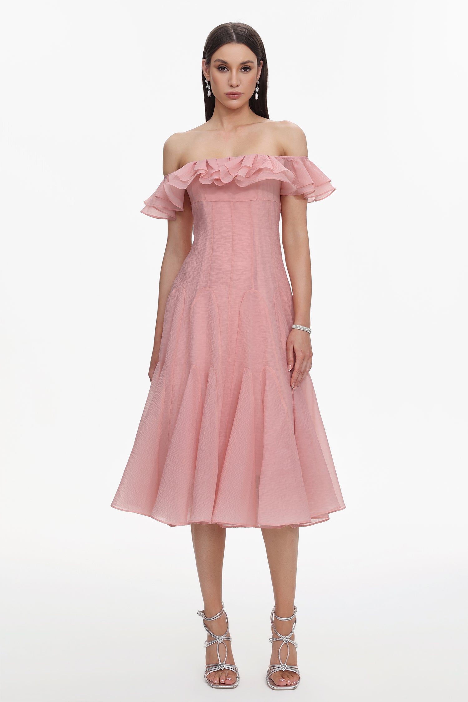 Wika Romantic Flowy Off Shoulder Ruffle Midi Dress	