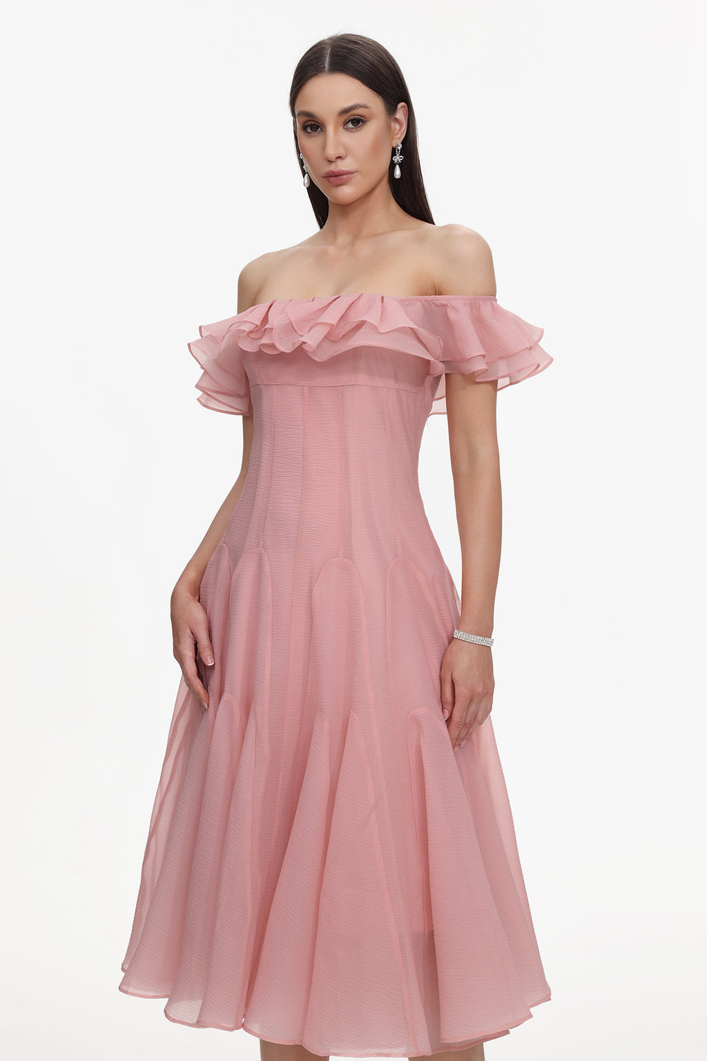 Wika Romantic Flowy Off Shoulder Ruffle Midi Dress	