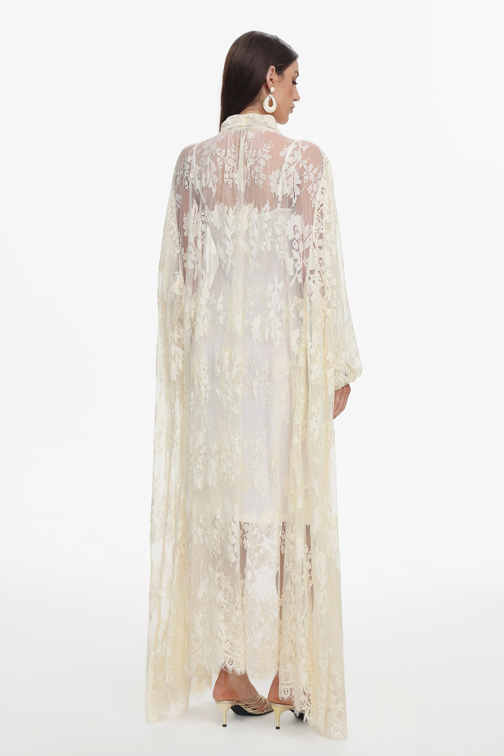 Deliyn Resort Flowy Long Sleeve Embroidered Mesh Lace Yellow Maxi Dress	
