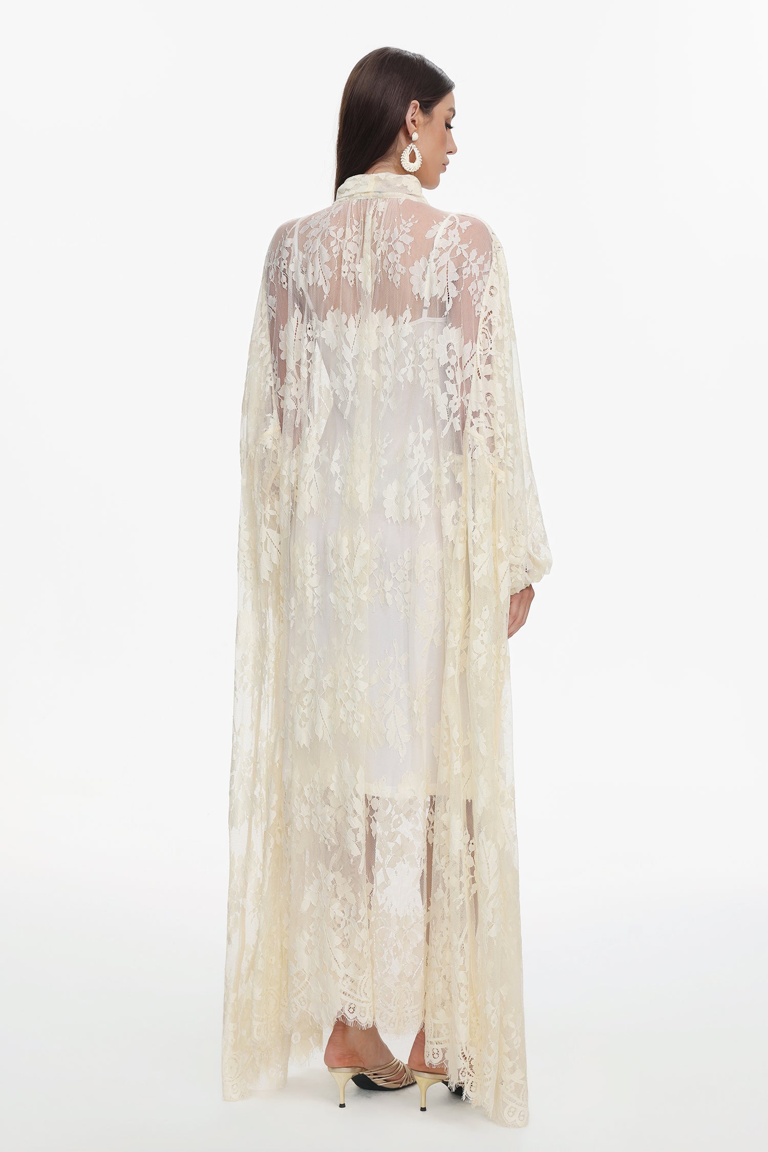 Deliyn Resort Flowy Long Sleeve Embroidered Mesh Lace Yellow Maxi Dress	