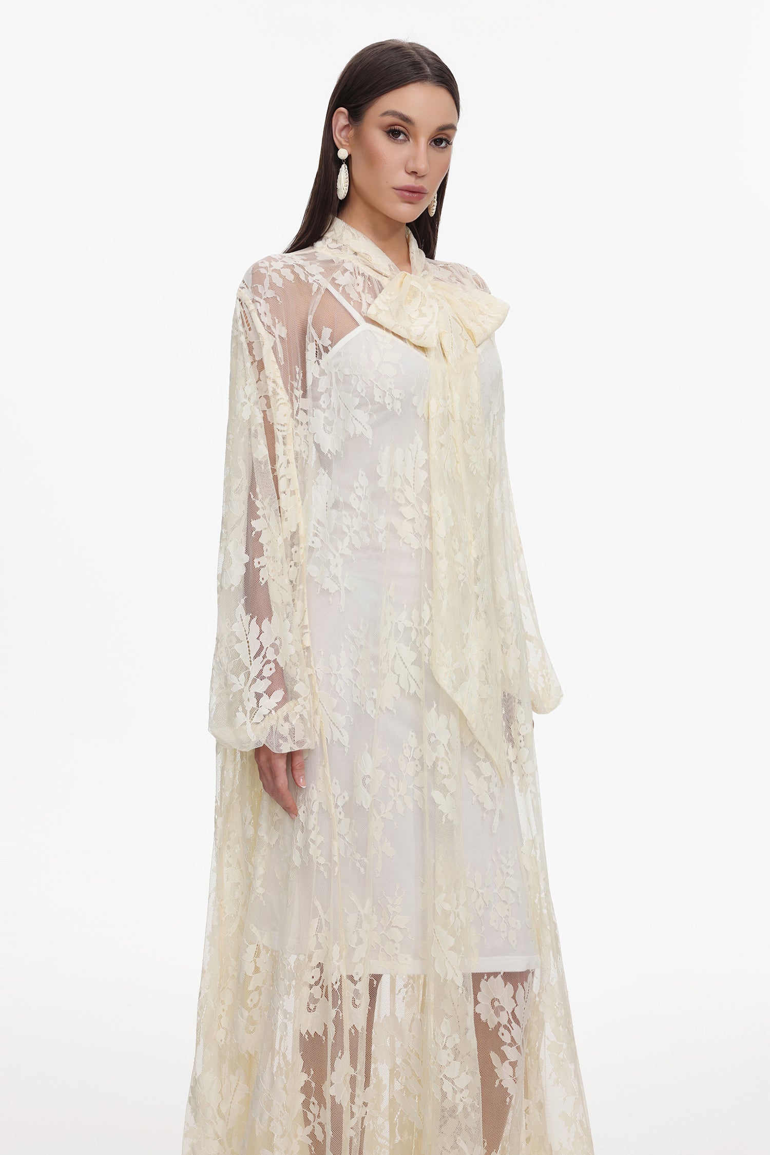 Deliyn Resort Flowy Long Sleeve Embroidered Mesh Lace Yellow Maxi Dress	