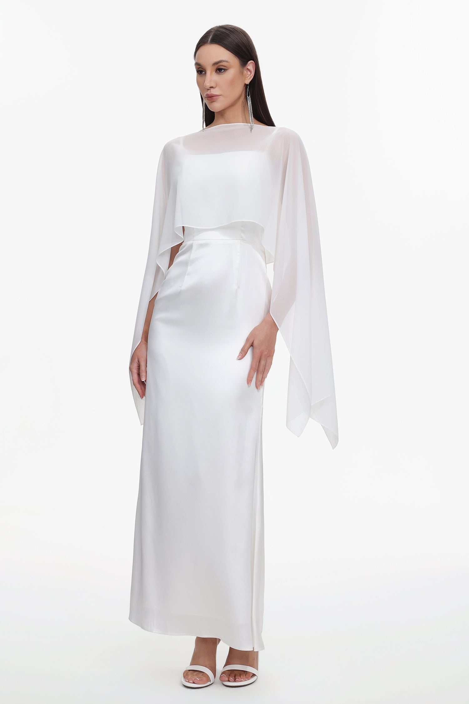 Sinai Elegant Flowy Sleeveless Chiffon Cape Maxi Dress	