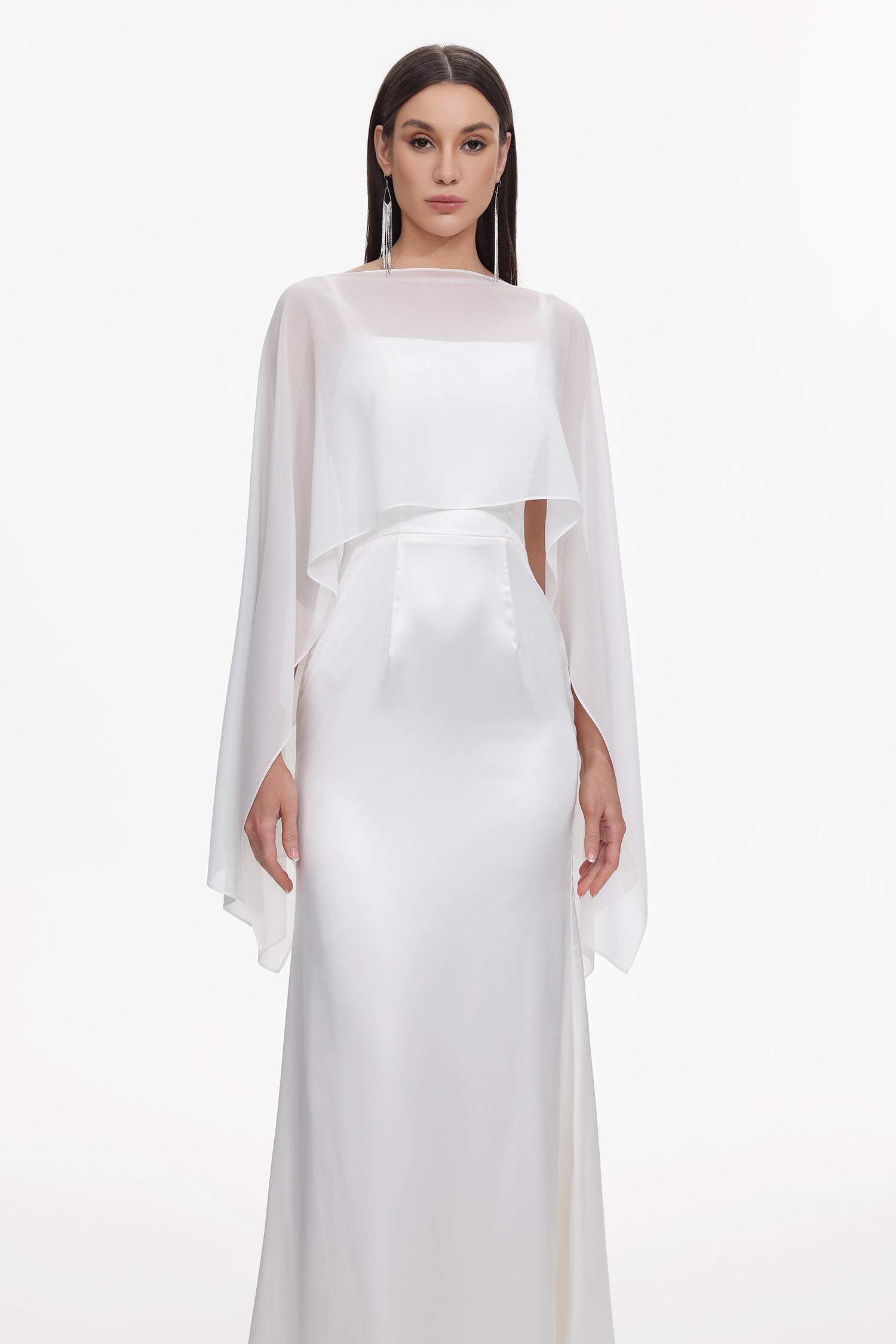 Sinai Elegant Flowy Sleeveless Chiffon Cape Maxi Dress	