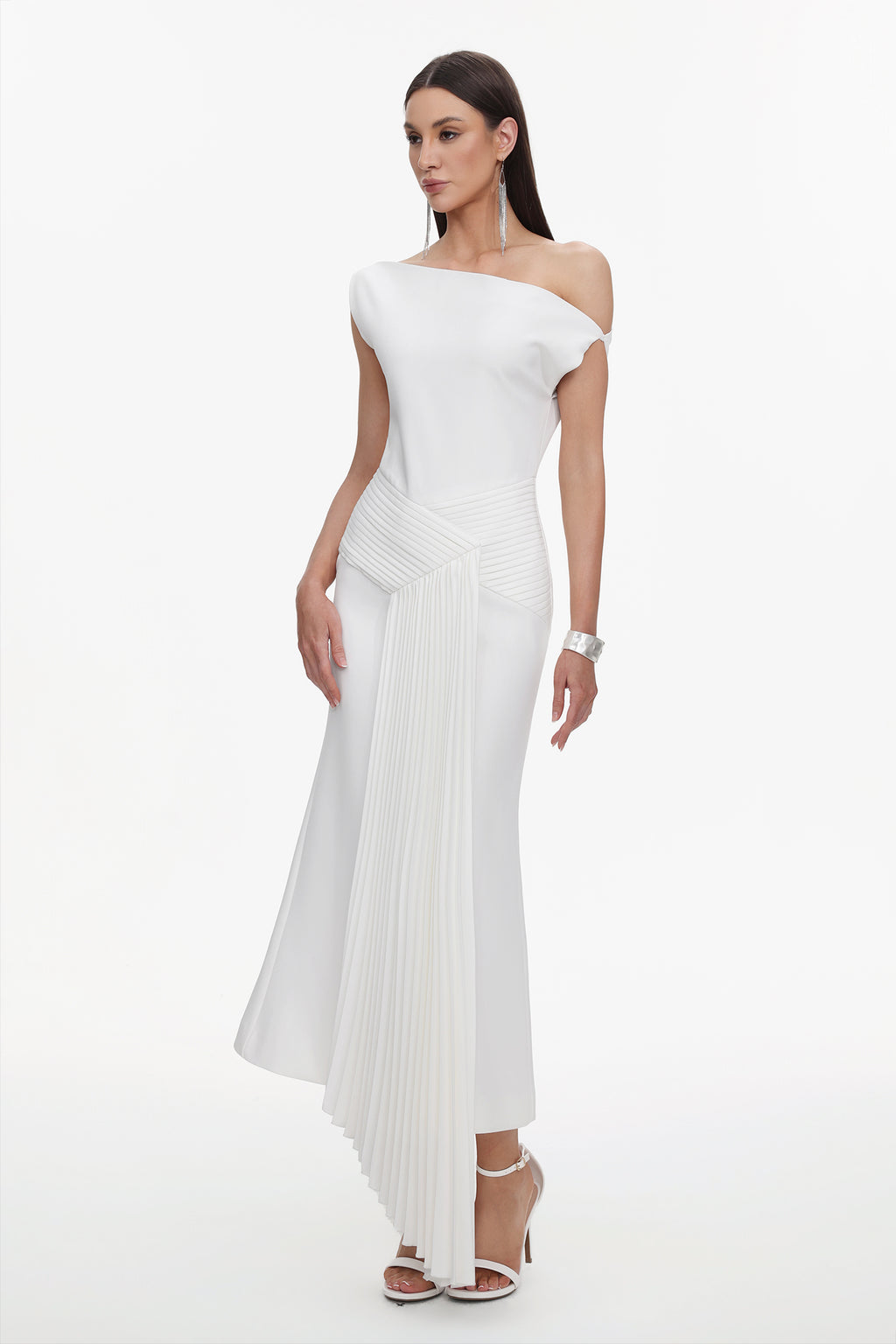 Paulina Oblique Shoulder Sleeveless Folds Midi Dress