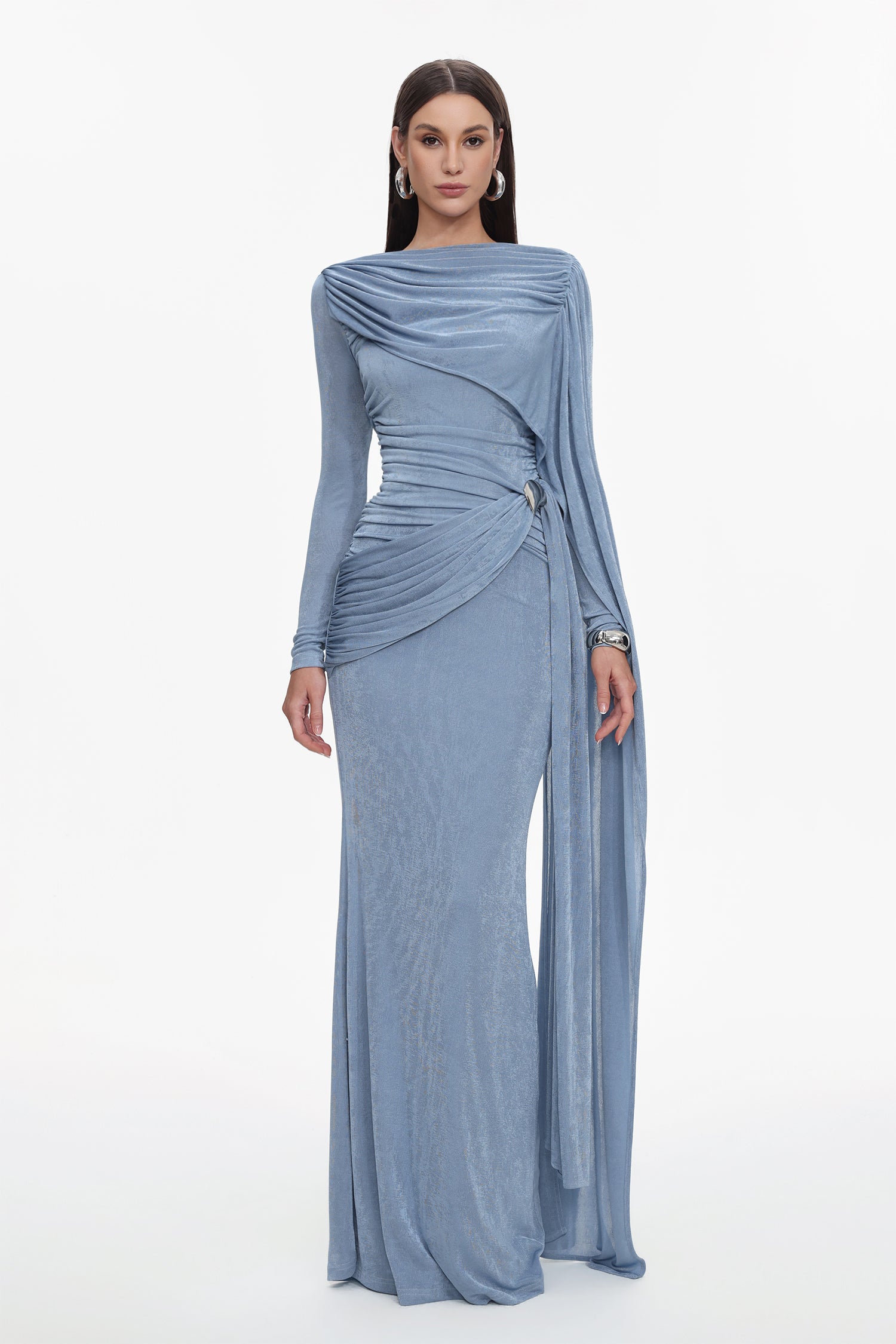 Tihila Long Sleeve Ruched Blue Maxi Dress	