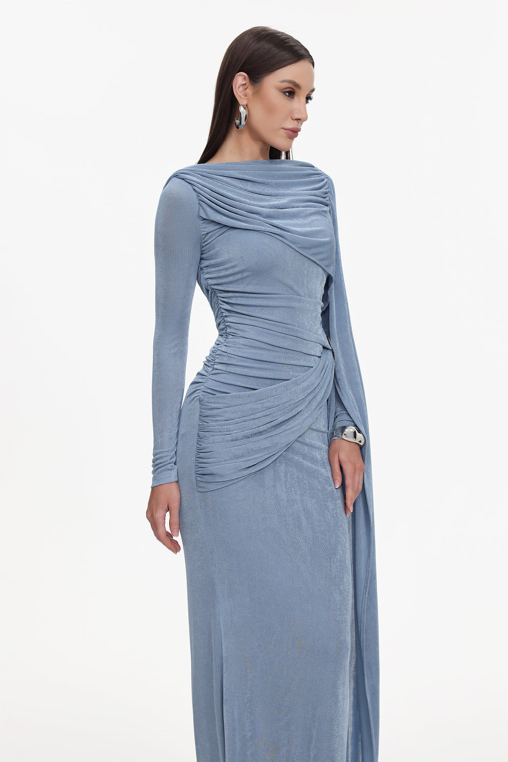 Tihila Long Sleeve Ruched Blue Maxi Dress	