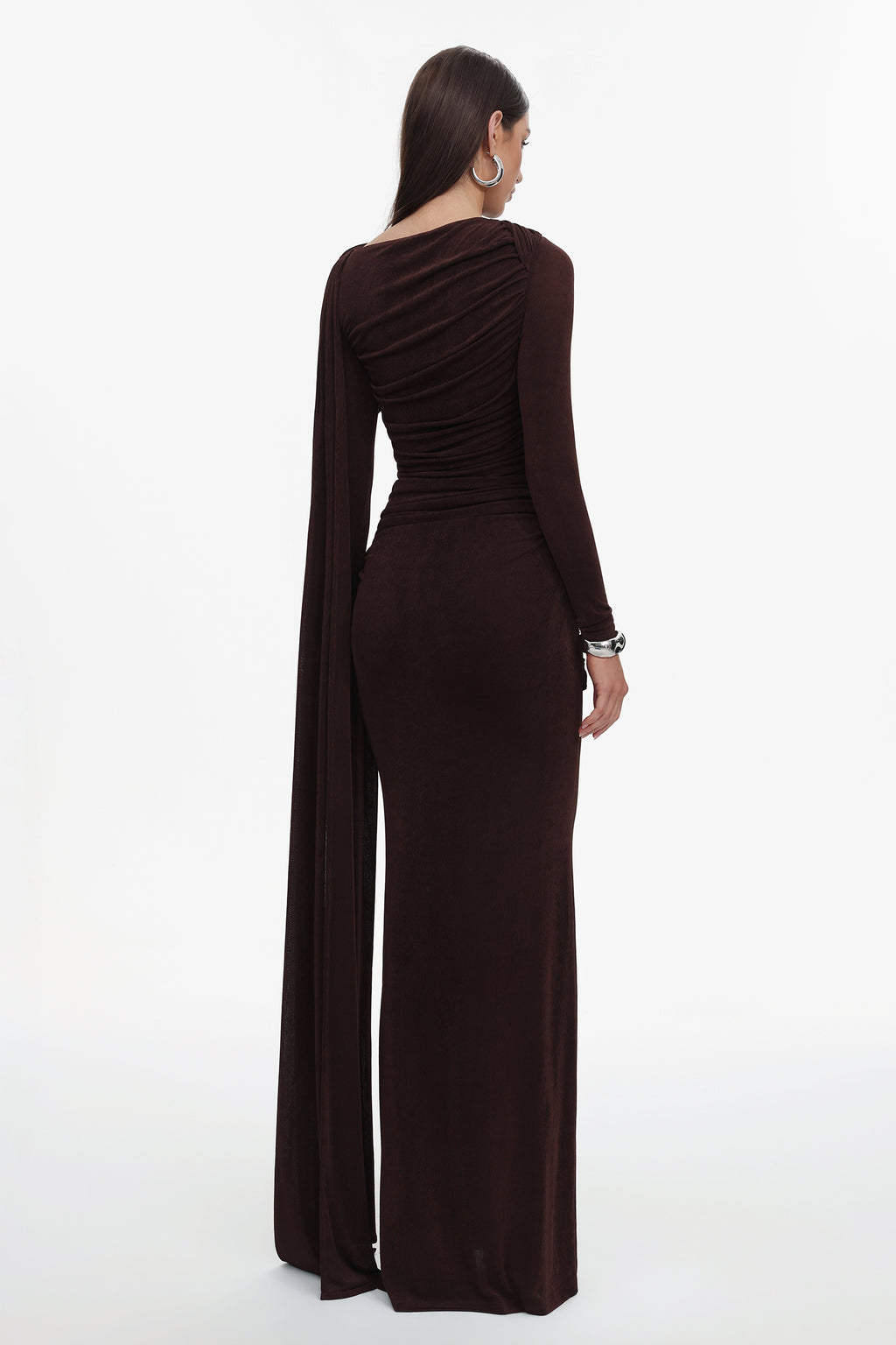 Tihila Long Sleeve Ruched Brown Maxi Dress	