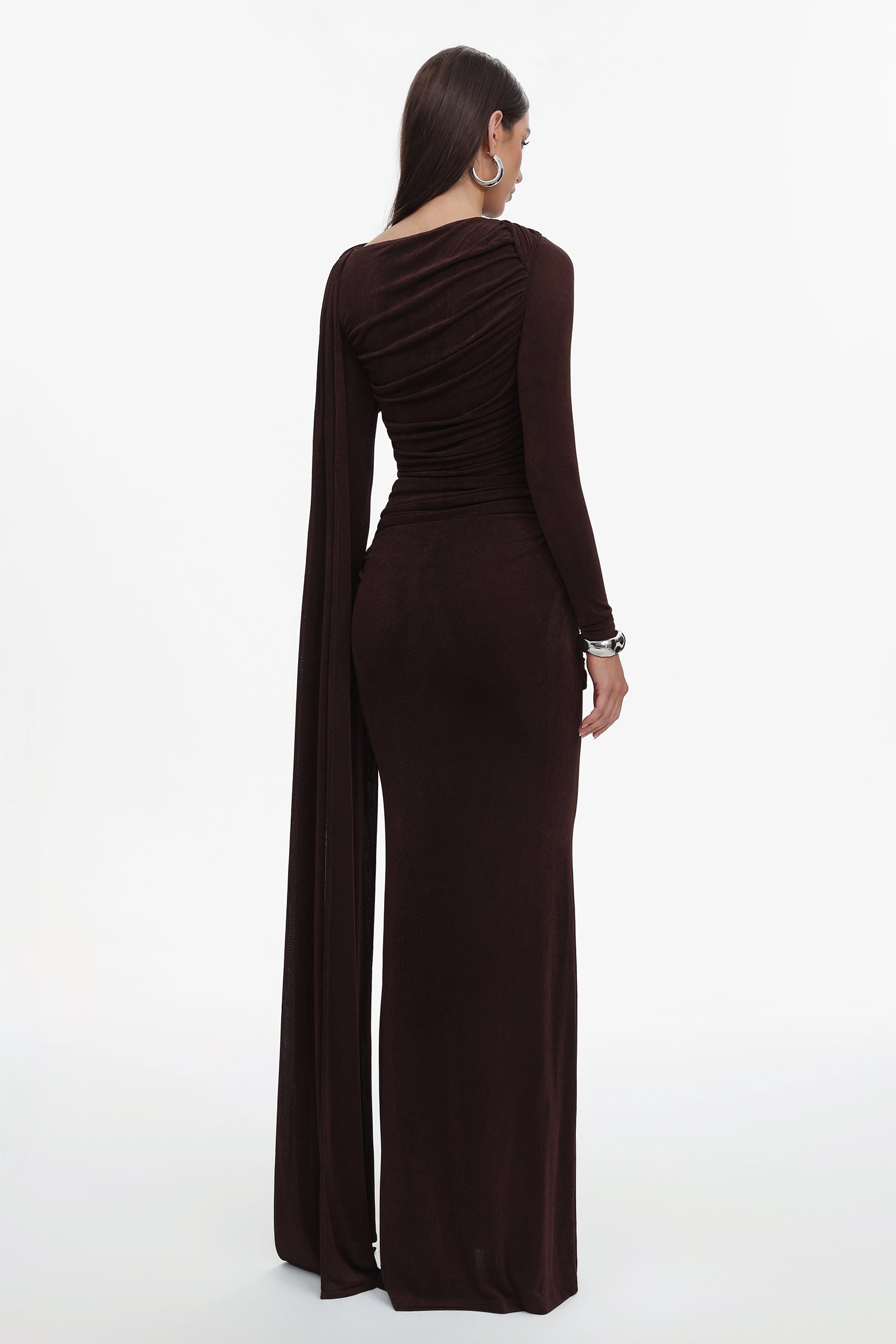Tihila Long Sleeve Ruched Brown Maxi Dress	
