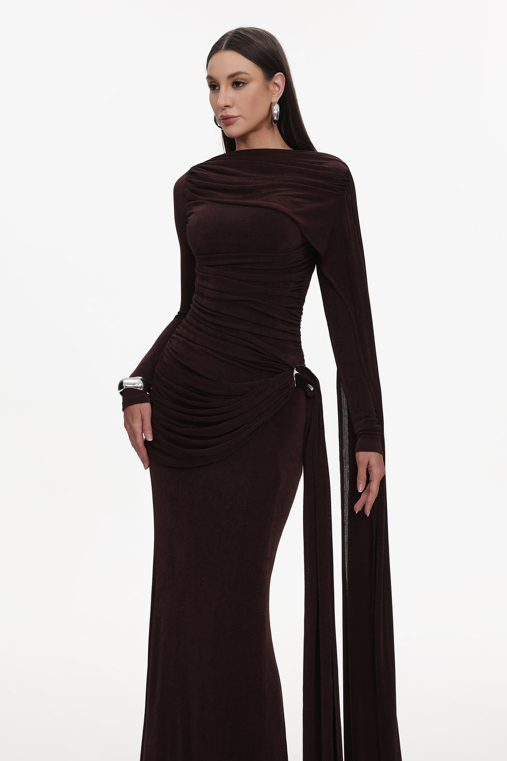 Tihila Long Sleeve Ruched Brown Maxi Dress	