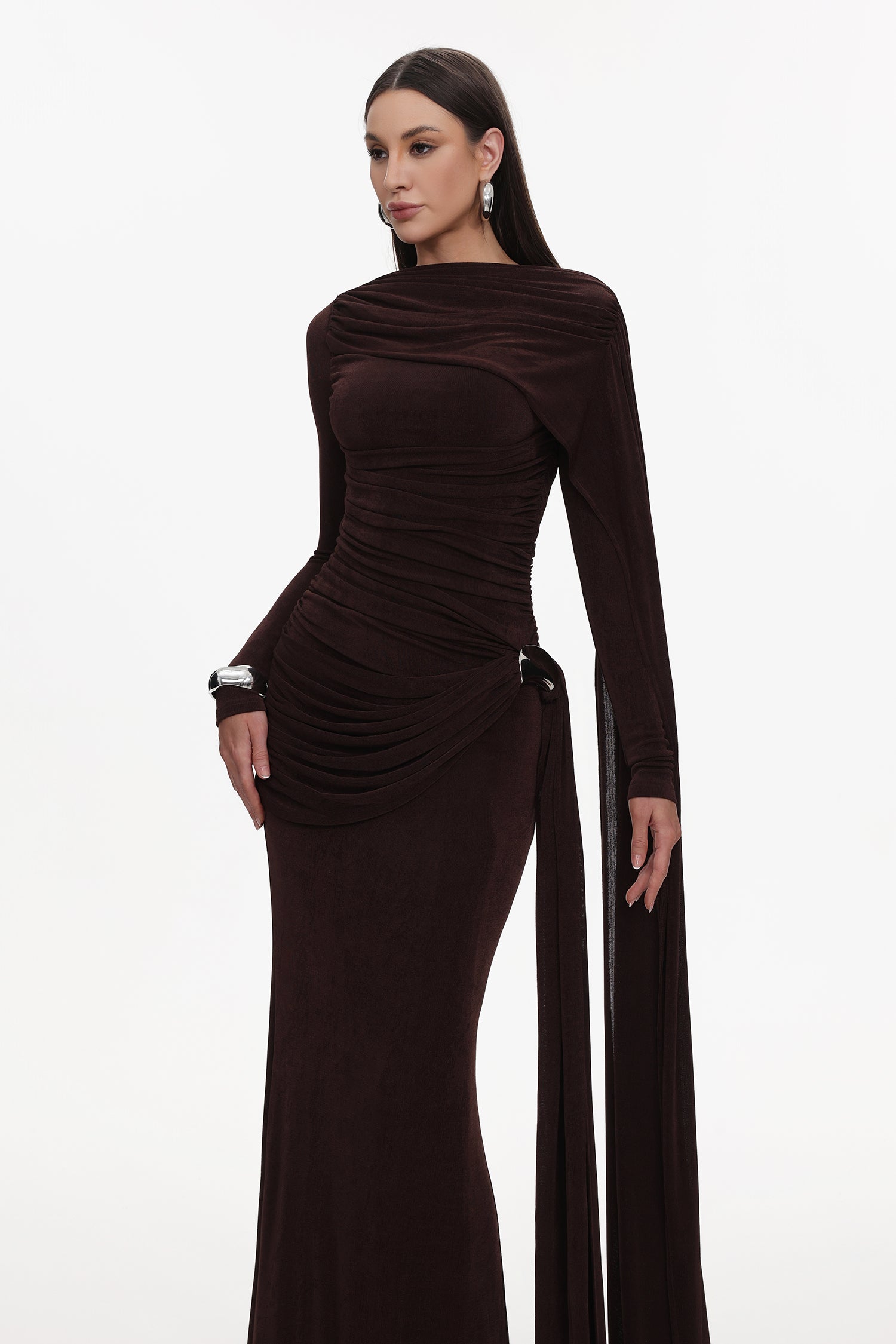 Tihila Long Sleeve Ruched Brown Maxi Dress	