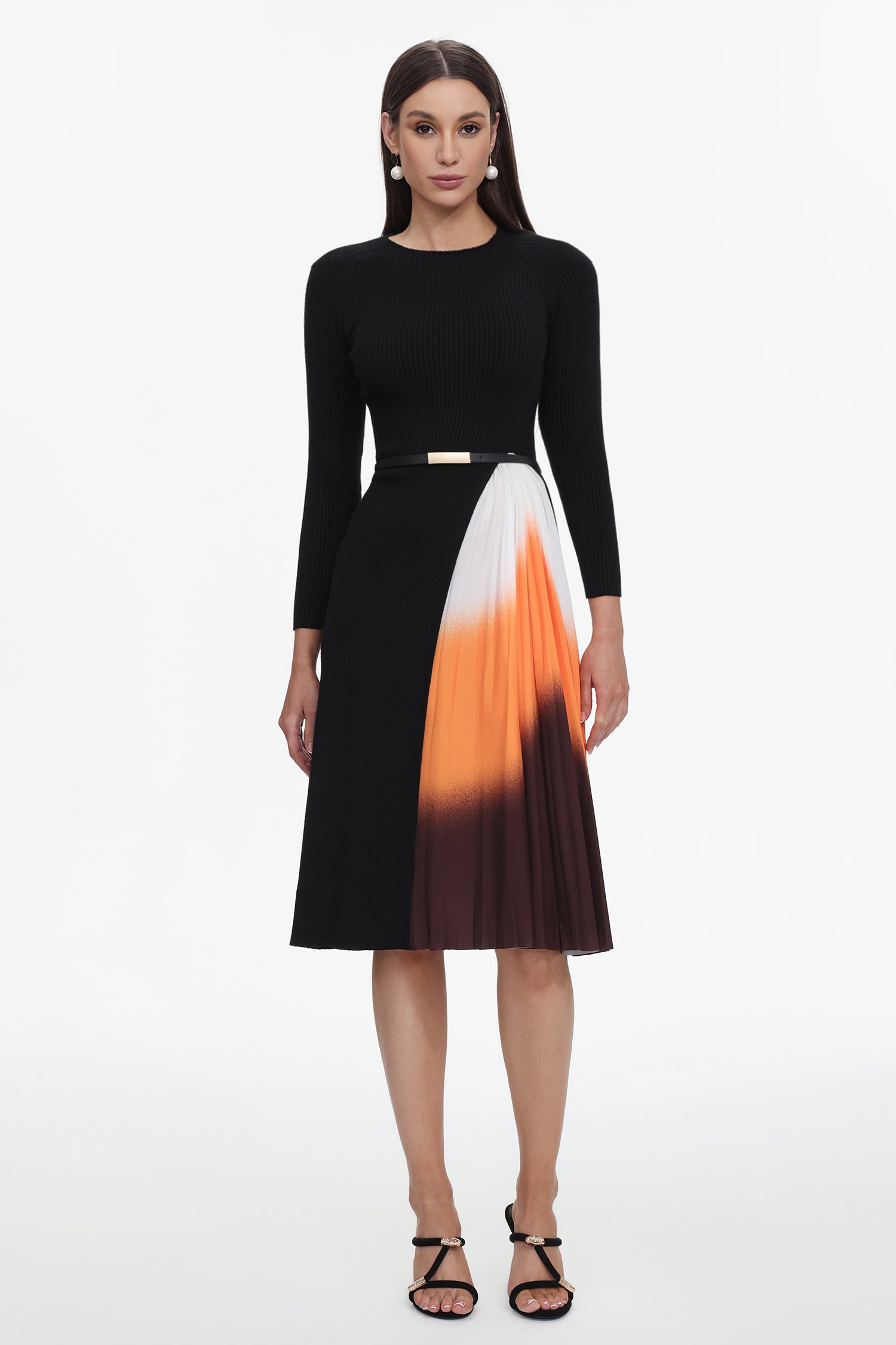 Reese Gradient Patchwork Pleated Midi Dress	