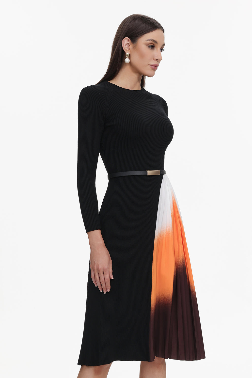 Reese Gradient Patchwork Pleated Midi Dress	