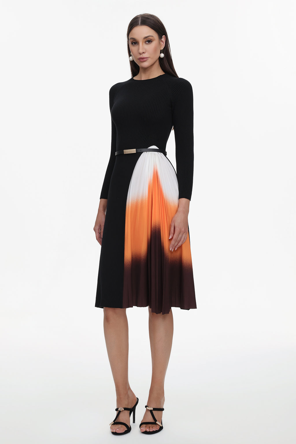 Reese Gradient Patchwork Pleated Midi Dress	