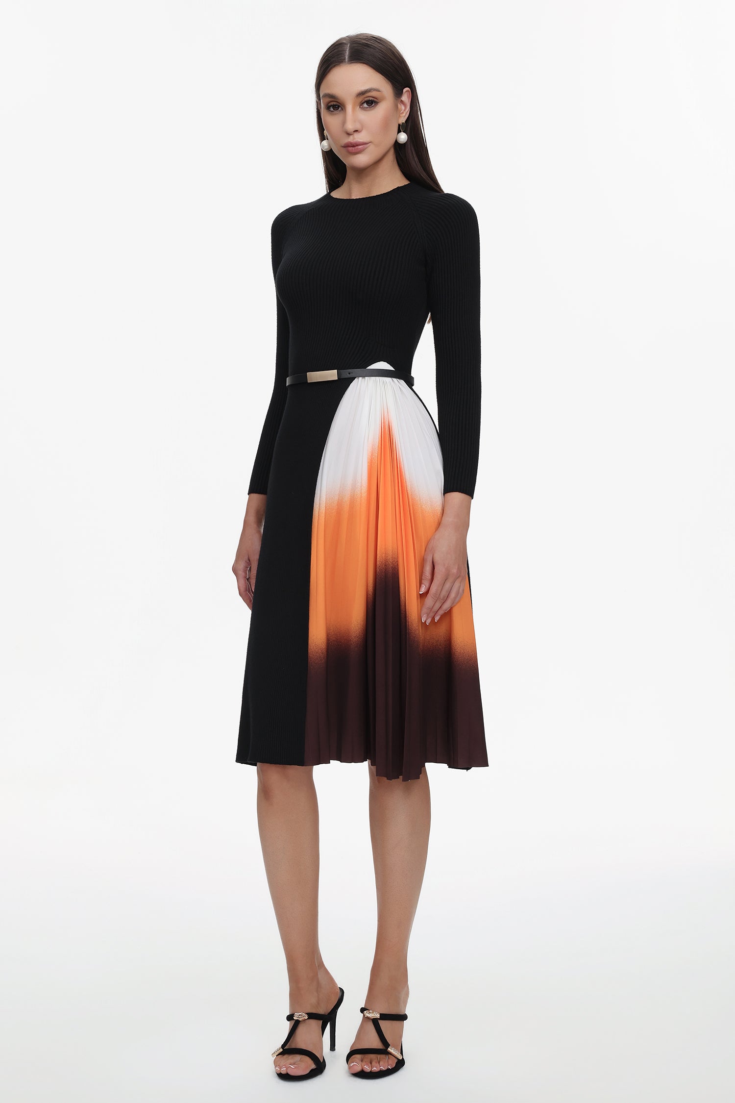 Reese Gradient Patchwork Pleated Midi Dress	