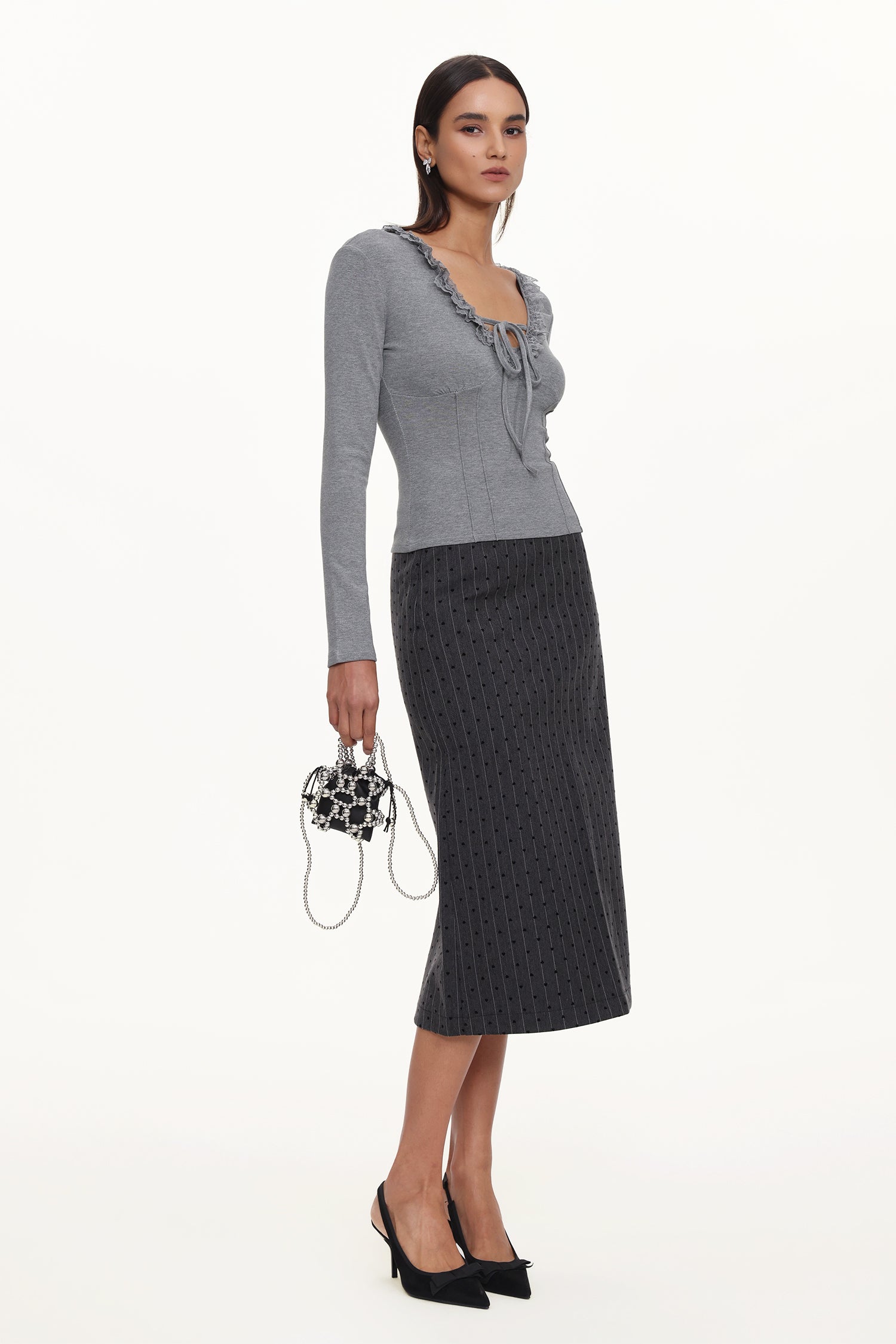 Jenny Chic Contour V Neck Long Sleeve Lace Knit Top	