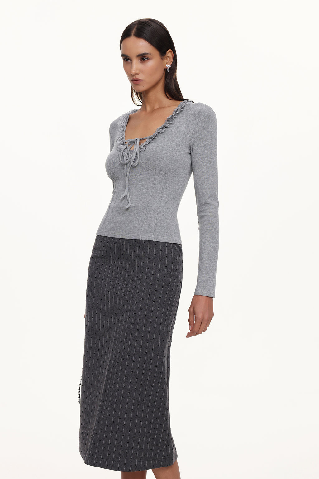 Jenny Chic Contour V Neck Long Sleeve Lace Knit Top	