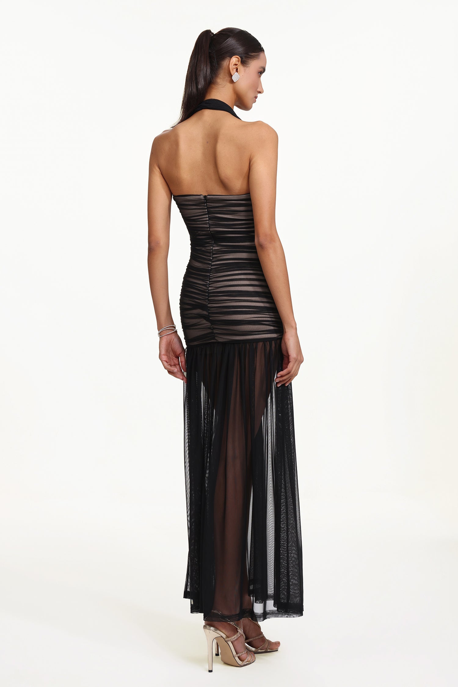 Izara Chic Contour Halter Ruched Tulle Maxi Dress	