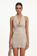 Livia Chic Contour Halter Cowl Neck Crystal Mini Dress	