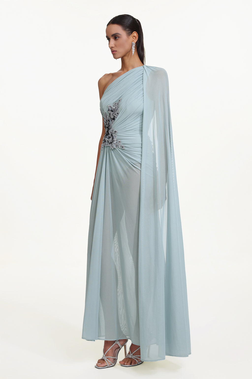 Kaylee Elegant Flowy One Shoulder Sequin Embroidered Ruched Mesh Maxi Dress	