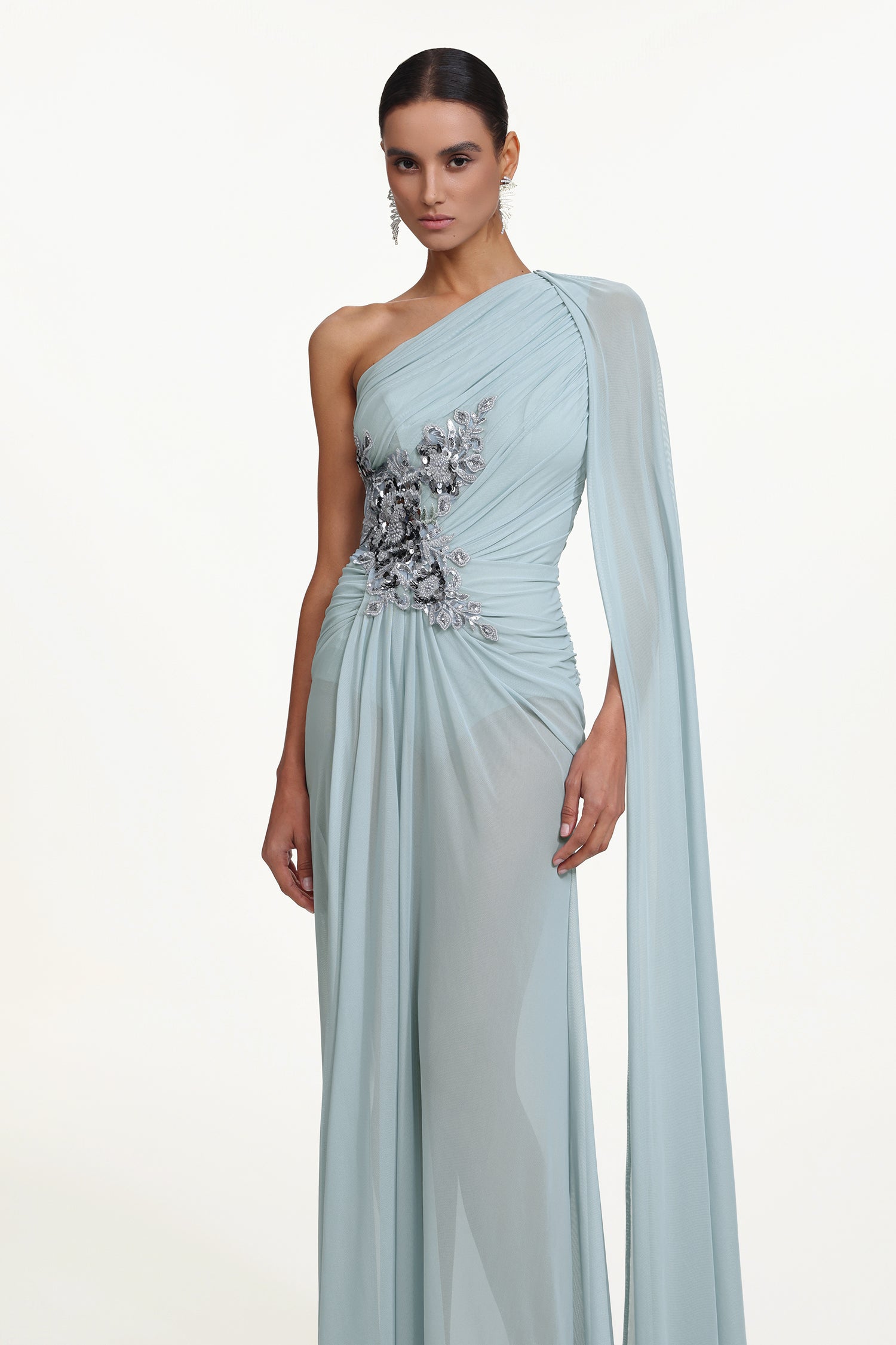 Kaylee Elegant Flowy One Shoulder Sequin Embroidered Ruched Mesh Maxi Dress	