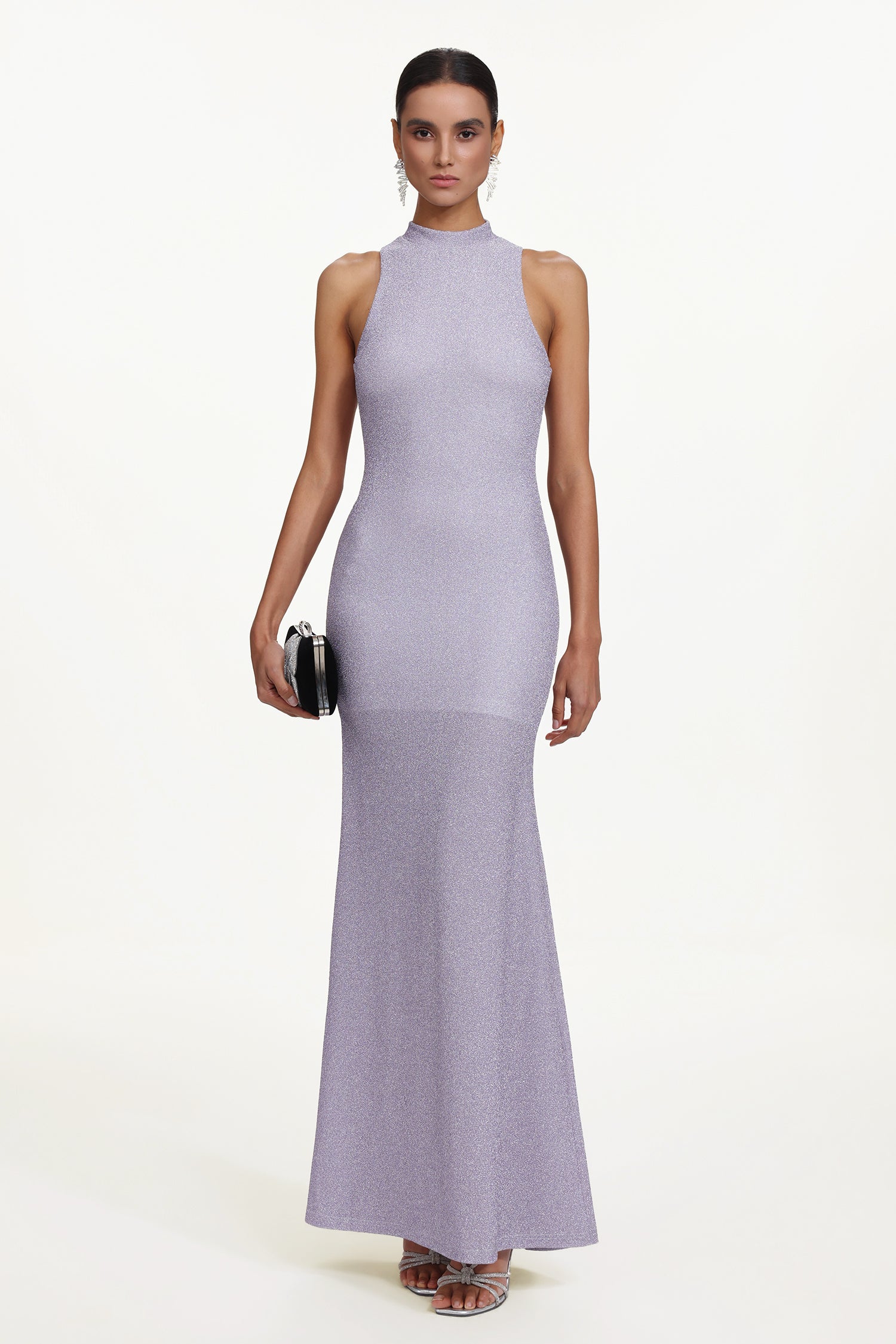 Teela Elegant Contour Halter Sleeveless Shimmering Knit Maxi Dress	