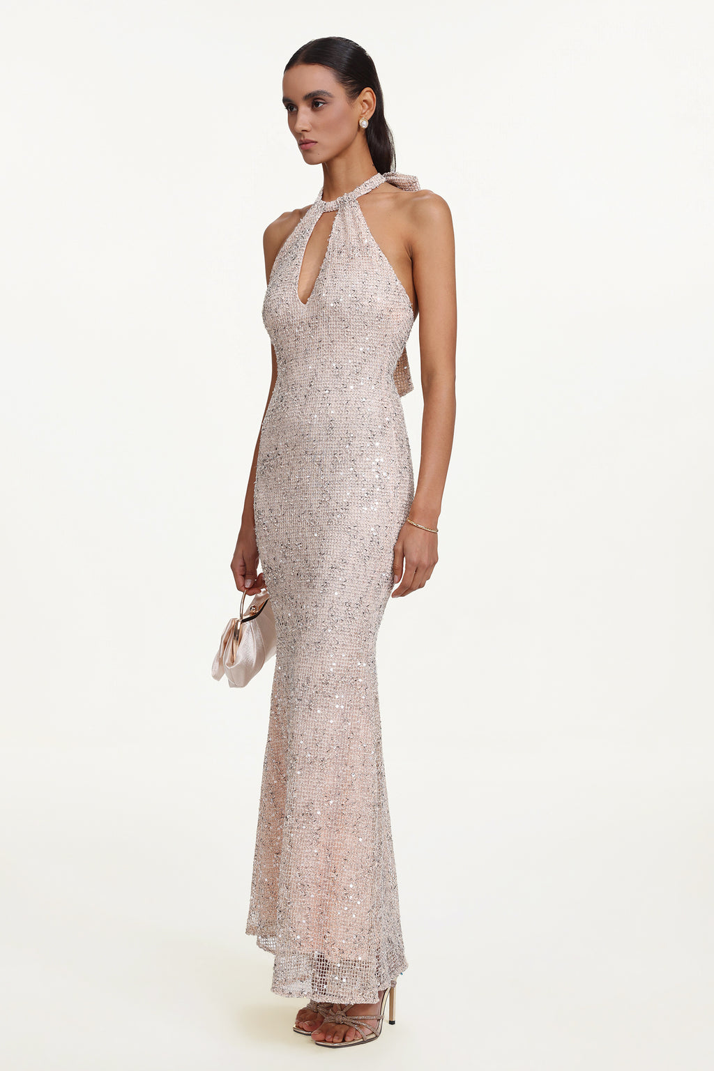 Saslim Chic Contour Halter Cut Out Sequin Maxi Dress	