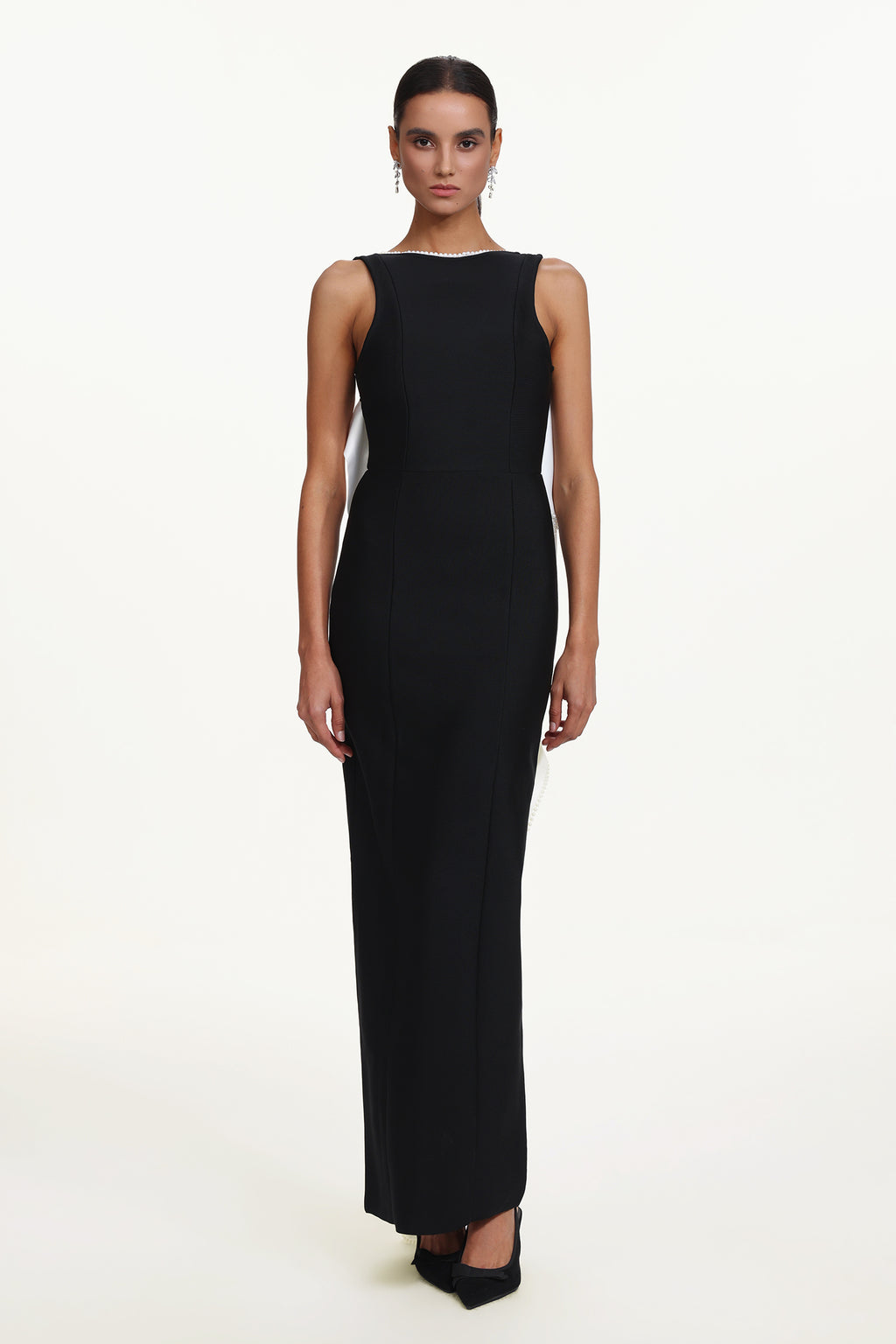Sakude Elegant Contour Sleeveless Open Back Pearl Bow Maxi Dress	