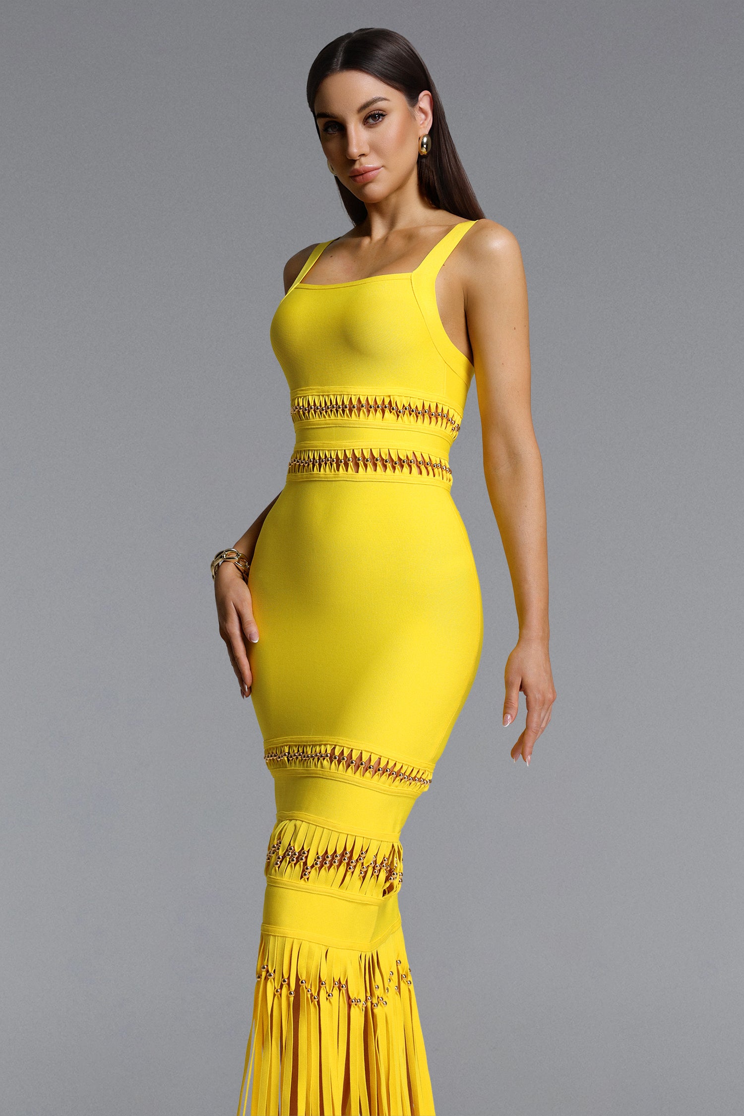 Shanley Chic Contour Sleeveless Beaded Fringe Bandage Maxi Dress	