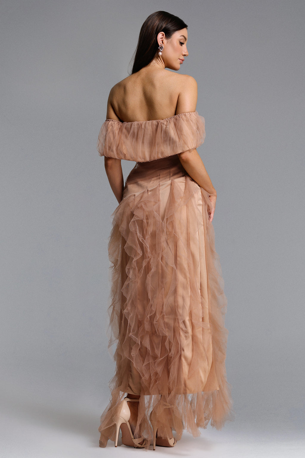 Revie Elegant Flowy Off Shoulder Ruffle Tulle Maxi Dress	