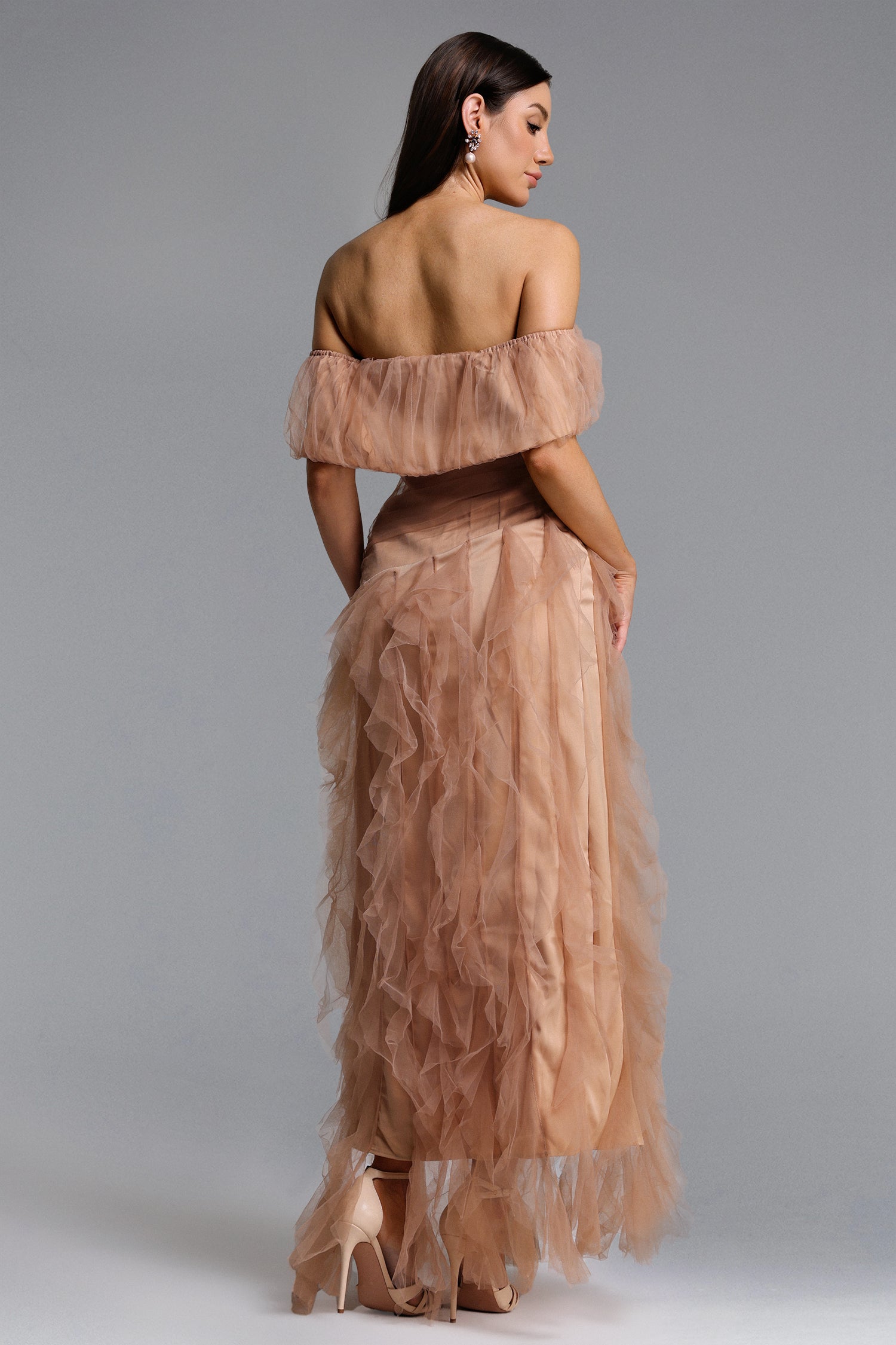 Revie Elegant Flowy Off Shoulder Ruffle Tulle Maxi Dress	
