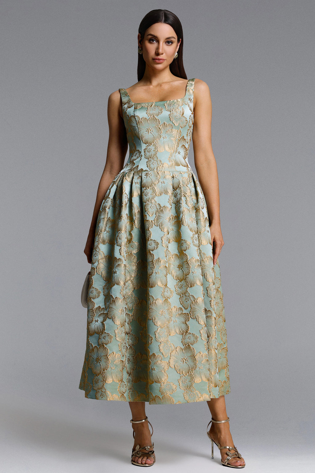 Kerta Elegant Tailored Square Neck Jacquard Pleated Floral Maxi Dress	