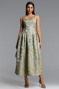 Kerta Elegant Tailored Square Neck Jacquard Pleated Floral Maxi Dress	