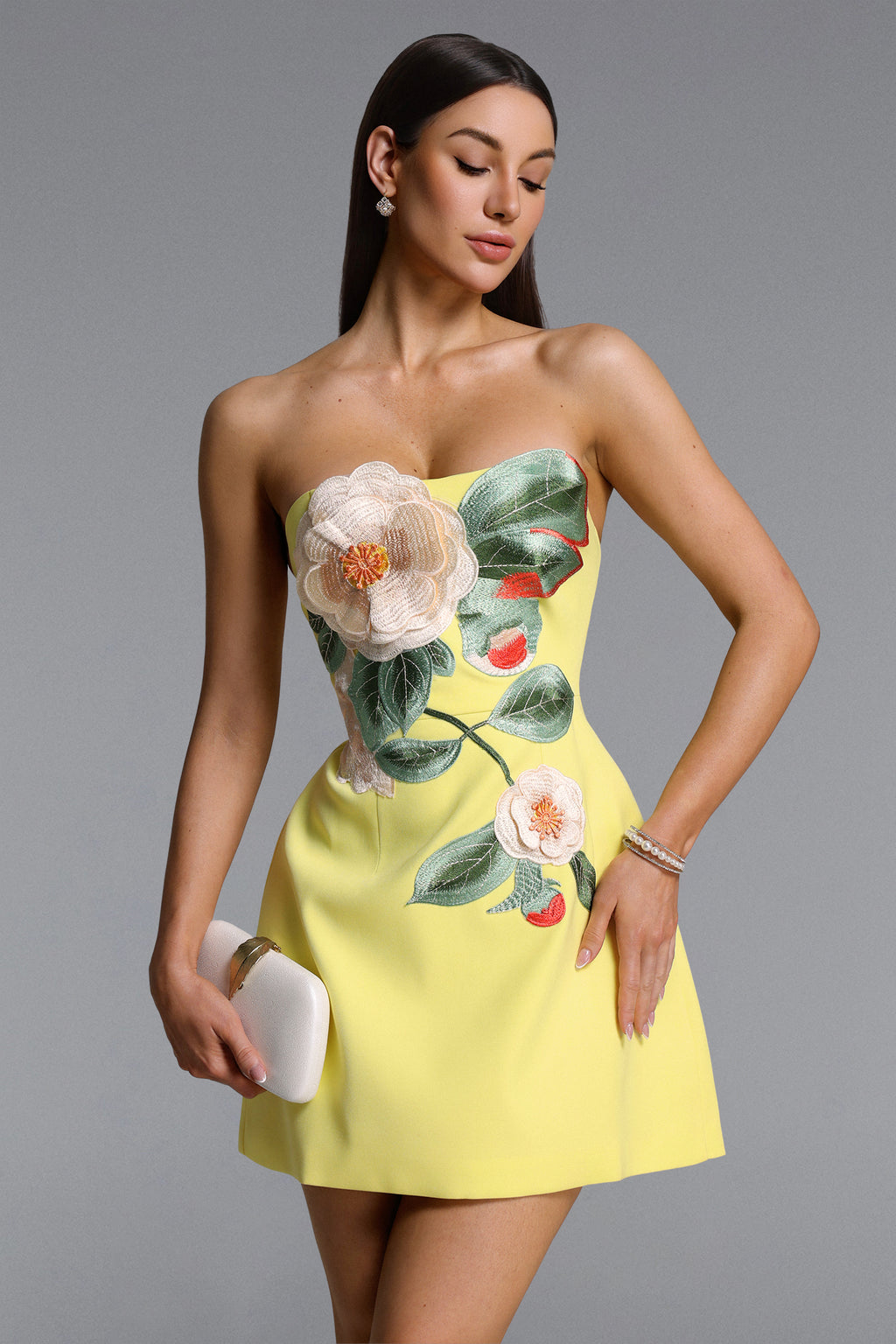 Doris Elegant Tailored Strapless Floral Embroidered Mini Dress	
