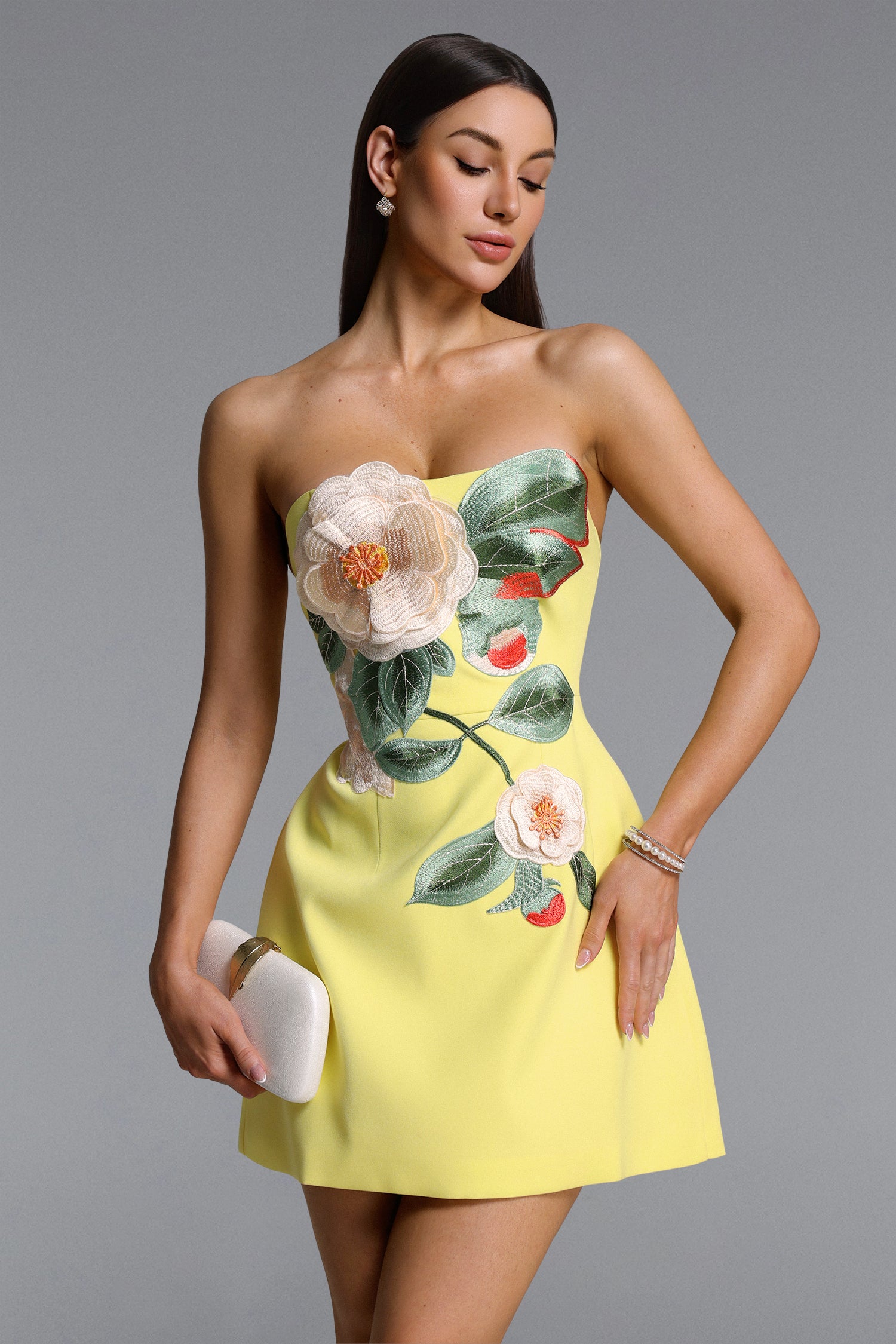 Doris Elegant Tailored Strapless Floral Embroidered Mini Dress	