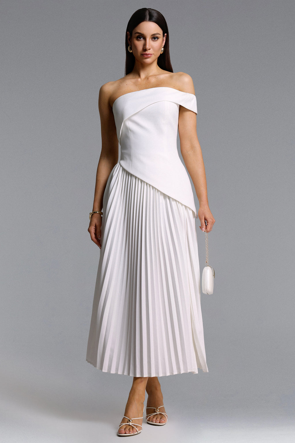 Vickee Elegant Tailored Off Shoulder Asymmetric Pleated Maxi Dress	