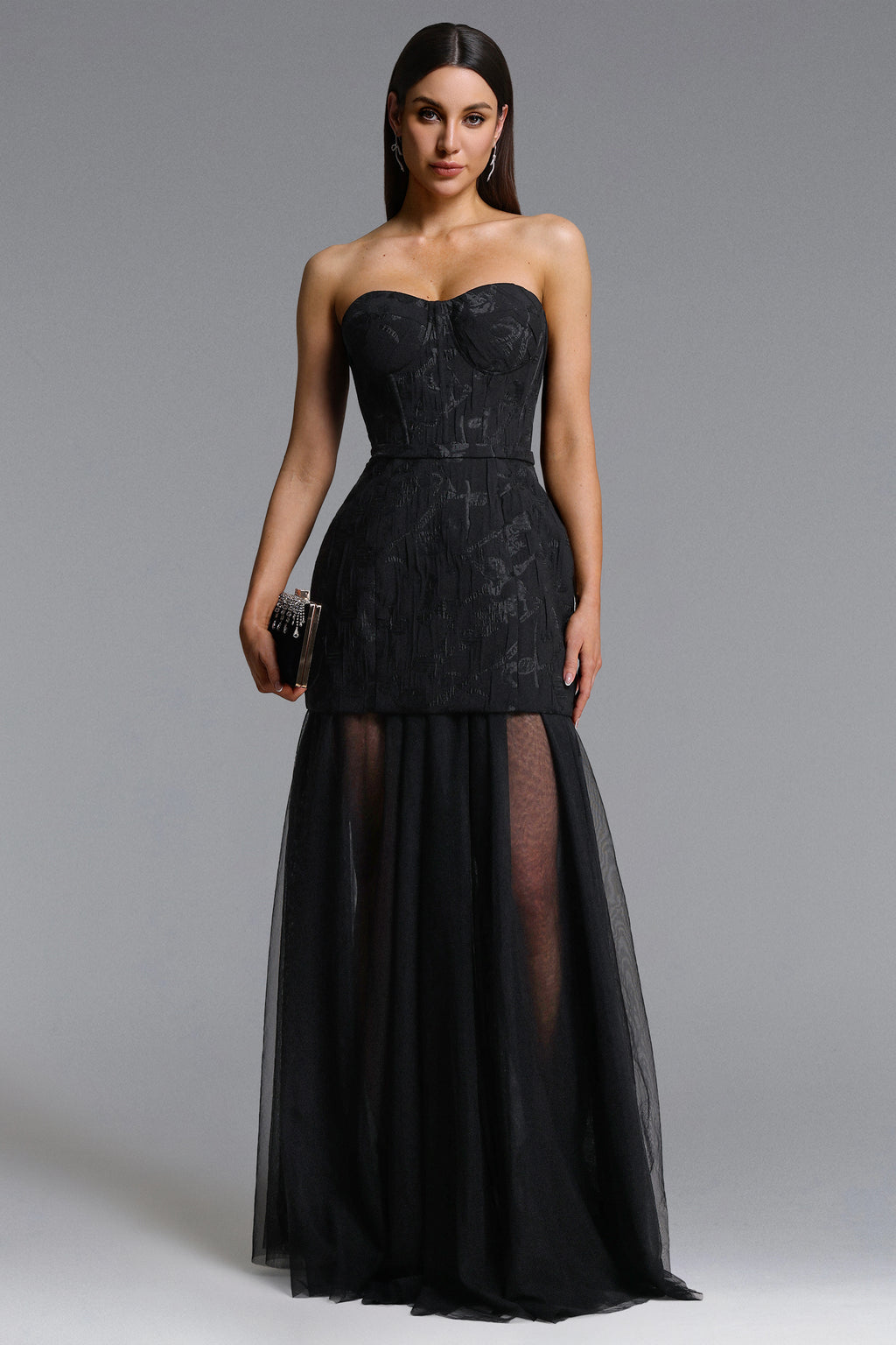 Margo Chic Contour Strapless Jacquard Floral Tulle Maxi Dress	
