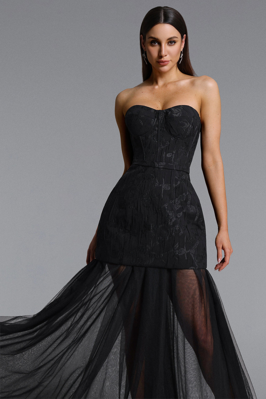 Margo Chic Contour Strapless Jacquard Floral Tulle Maxi Dress	