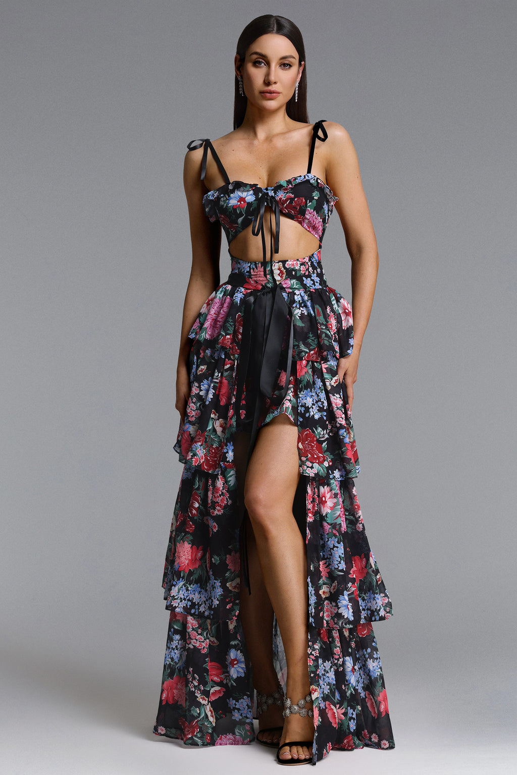 Pale Chic Flowy Halter Cut Out Floral Print Ruffle Maxi Dress	
