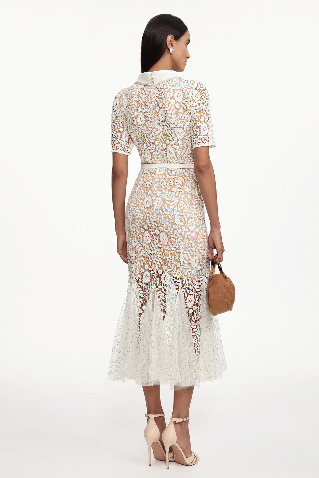 Selly Elegant Contour Short Sleeve Rhinestone Floral Lace Woven Maxi Dress	