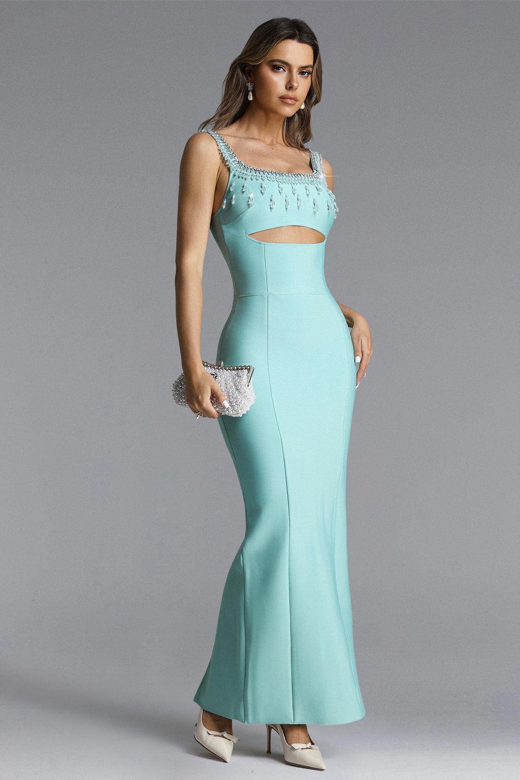 Vela Elegant Contour Sleeveless Cut Out Rhinestone Bandage Maxi Dress	