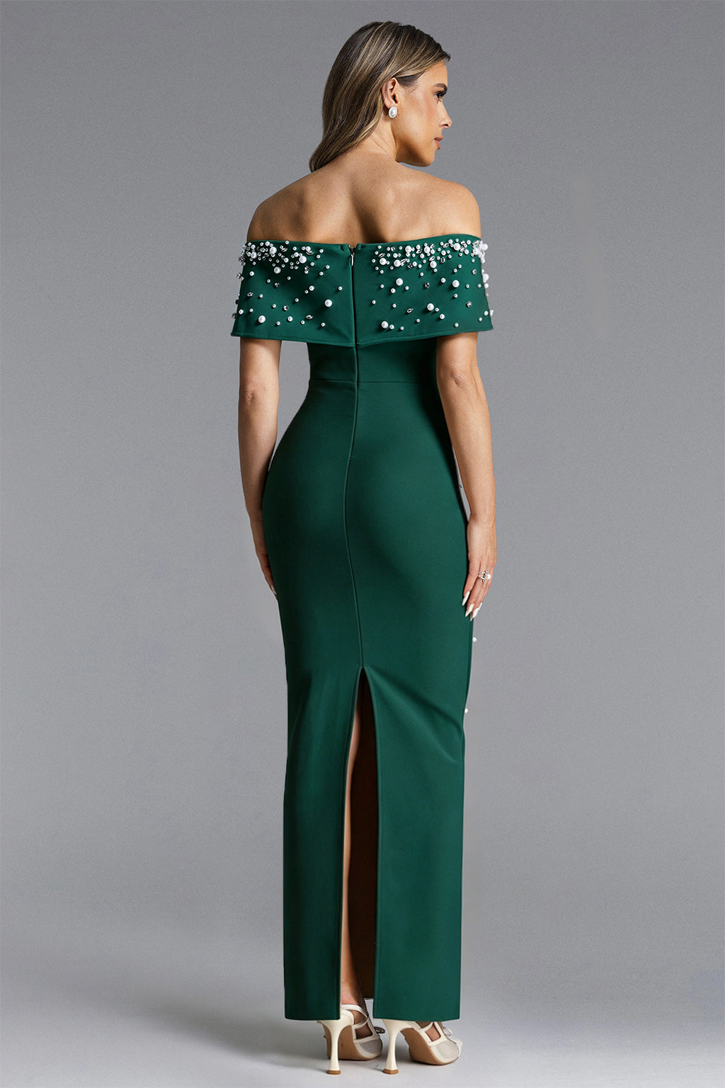 Isme Elegant Contour Off Shoulder Pearl Rhinestone Bandage Green Maxi Dress	
