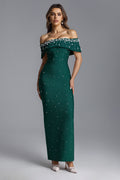 Isme Elegant Contour Off Shoulder Pearl Rhinestone Bandage Green Maxi Dress	