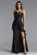 Fifer Elegant Contour Pleated Ruffle High Slit Maxi Dress	
