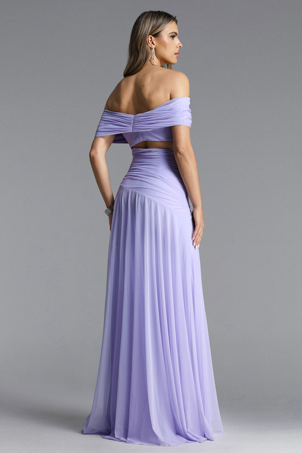 Vikare Romantic Contour Off Shoulder Deep V Cut Out Pleated Mesh Maxi Dress	