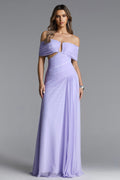 Vikare Romantic Contour Off Shoulder Deep V Cut Out Pleated Mesh Maxi Dress	
