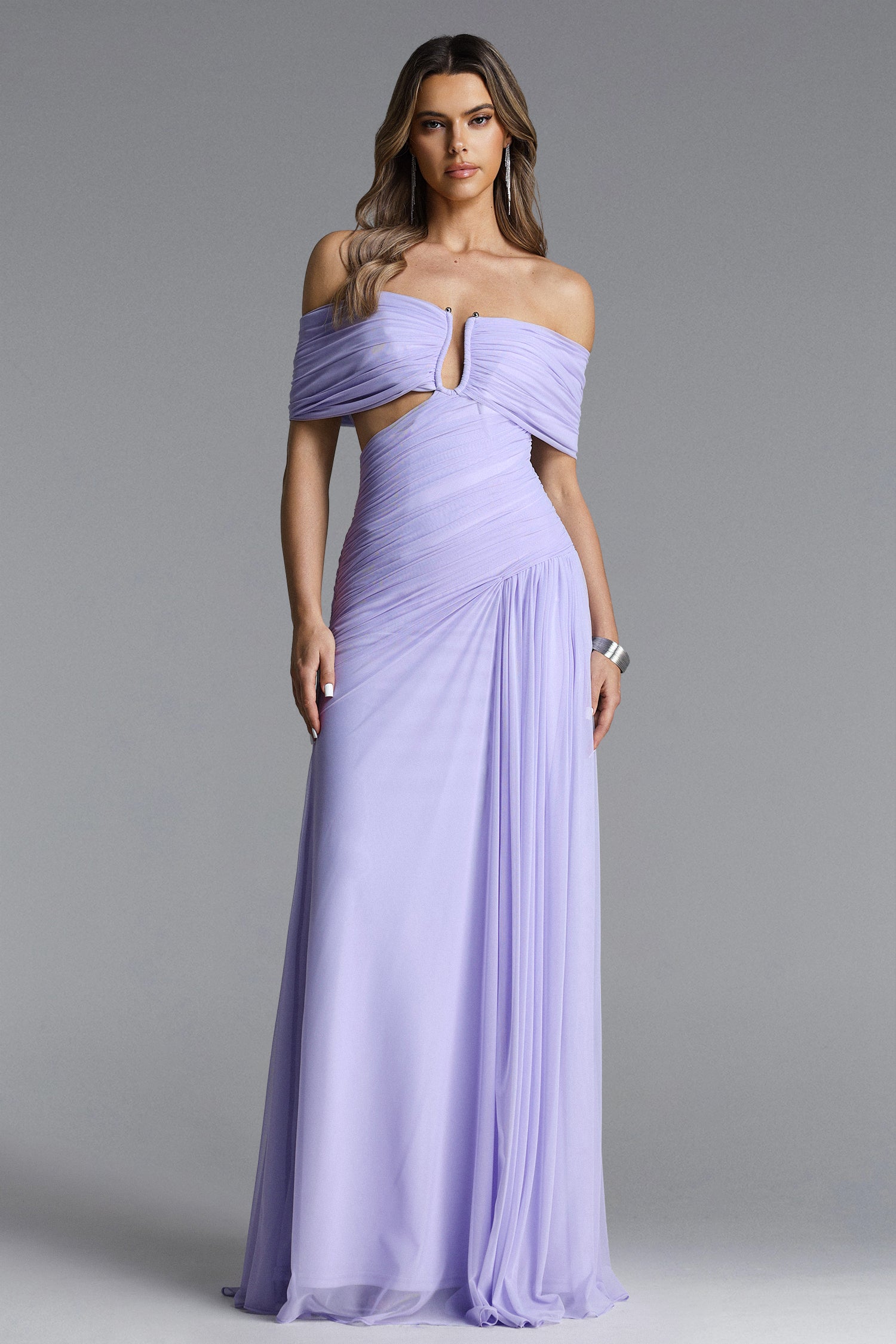 Vikare Romantic Contour Off Shoulder Deep V Cut Out Pleated Mesh Maxi Dress	
