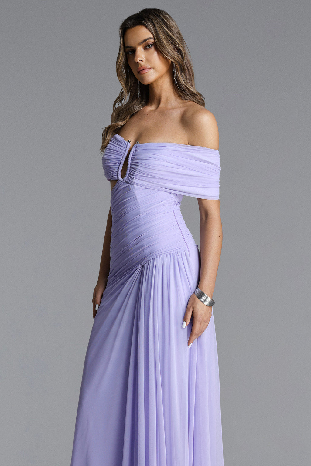 Vikare Romantic Contour Off Shoulder Deep V Cut Out Pleated Mesh Maxi Dress	