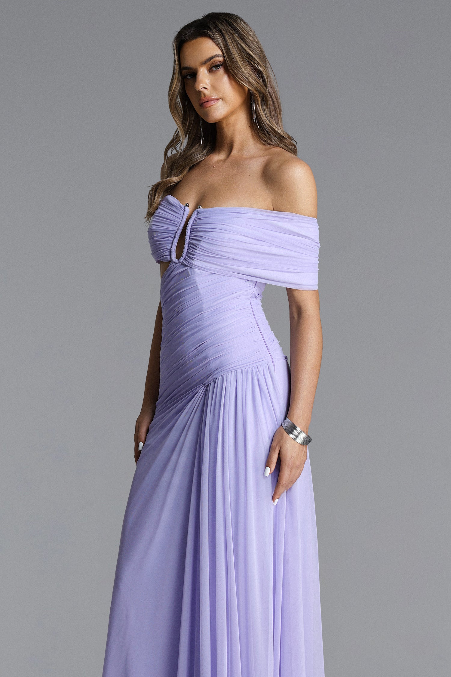 Vikare Romantic Contour Off Shoulder Deep V Cut Out Pleated Mesh Maxi Dress	
